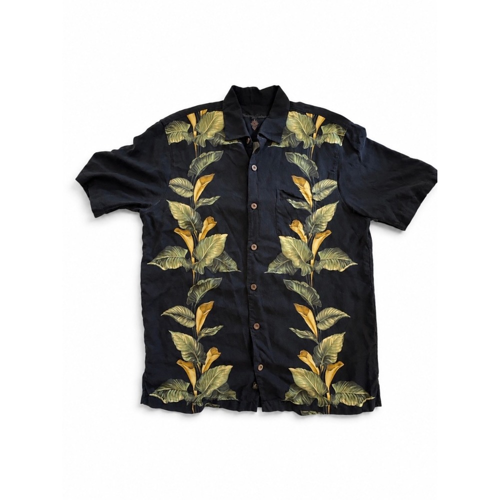 Tommy Bahama Mens %100 Silk Shirt Black Tropical Leaf Floral Short Sleeve L